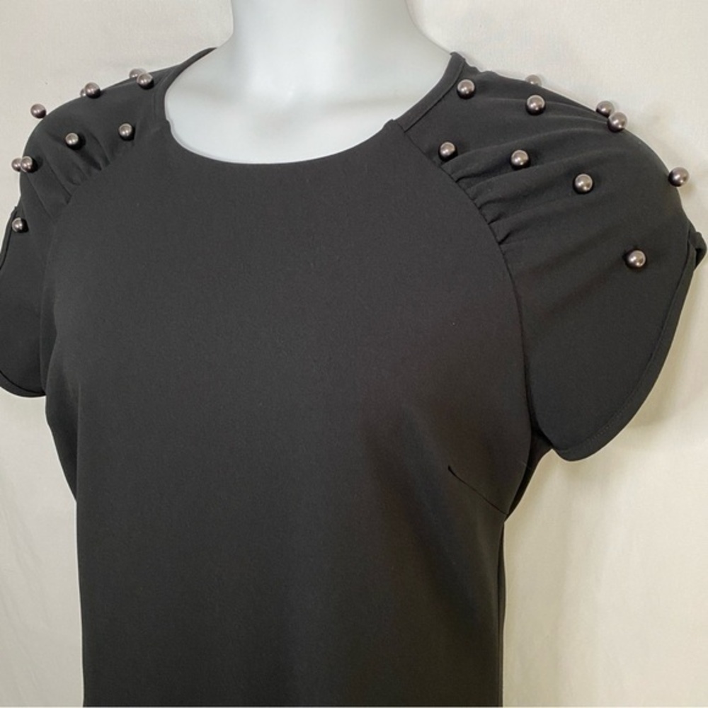 Betsey Johnson Black Crepe‎ Dress w/ Pearl Shoulder Detail Size 8 Cocktail Party